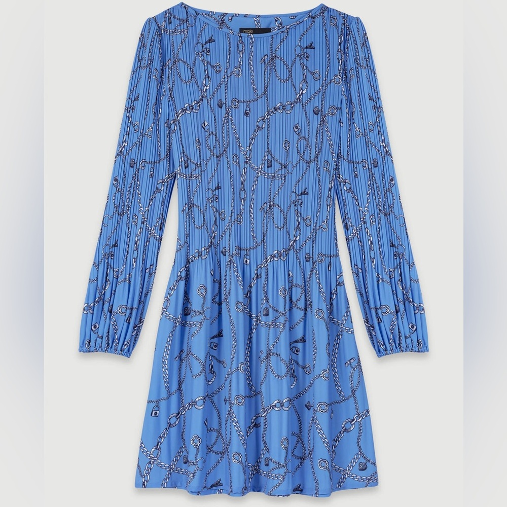 Maje Chain Patterned Blue Pleated long sleeve Dress. Size US Small 4